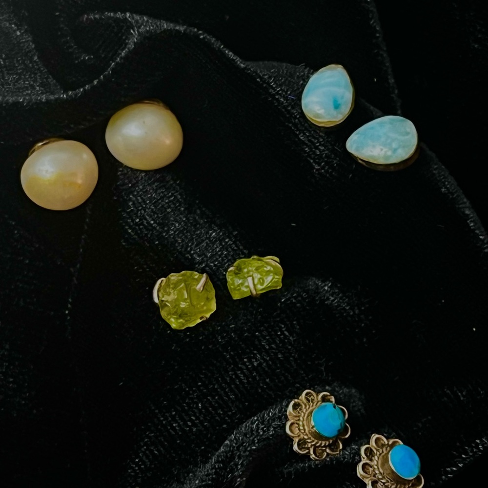 MixLot  925 Silver Gemstone Stud Earrings Pearl, Turquoise, Larimar, Peridot